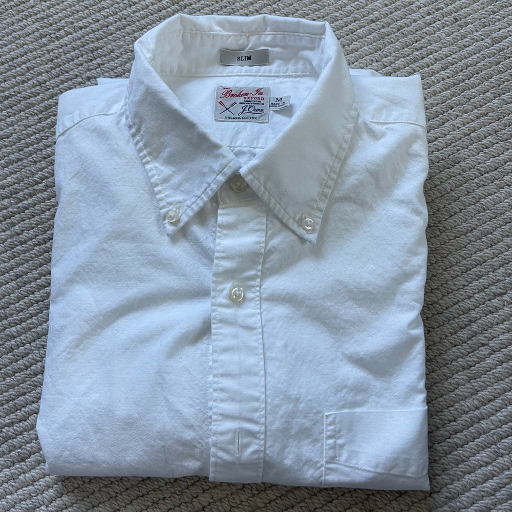 White mens Oxford cloth dress shirt.